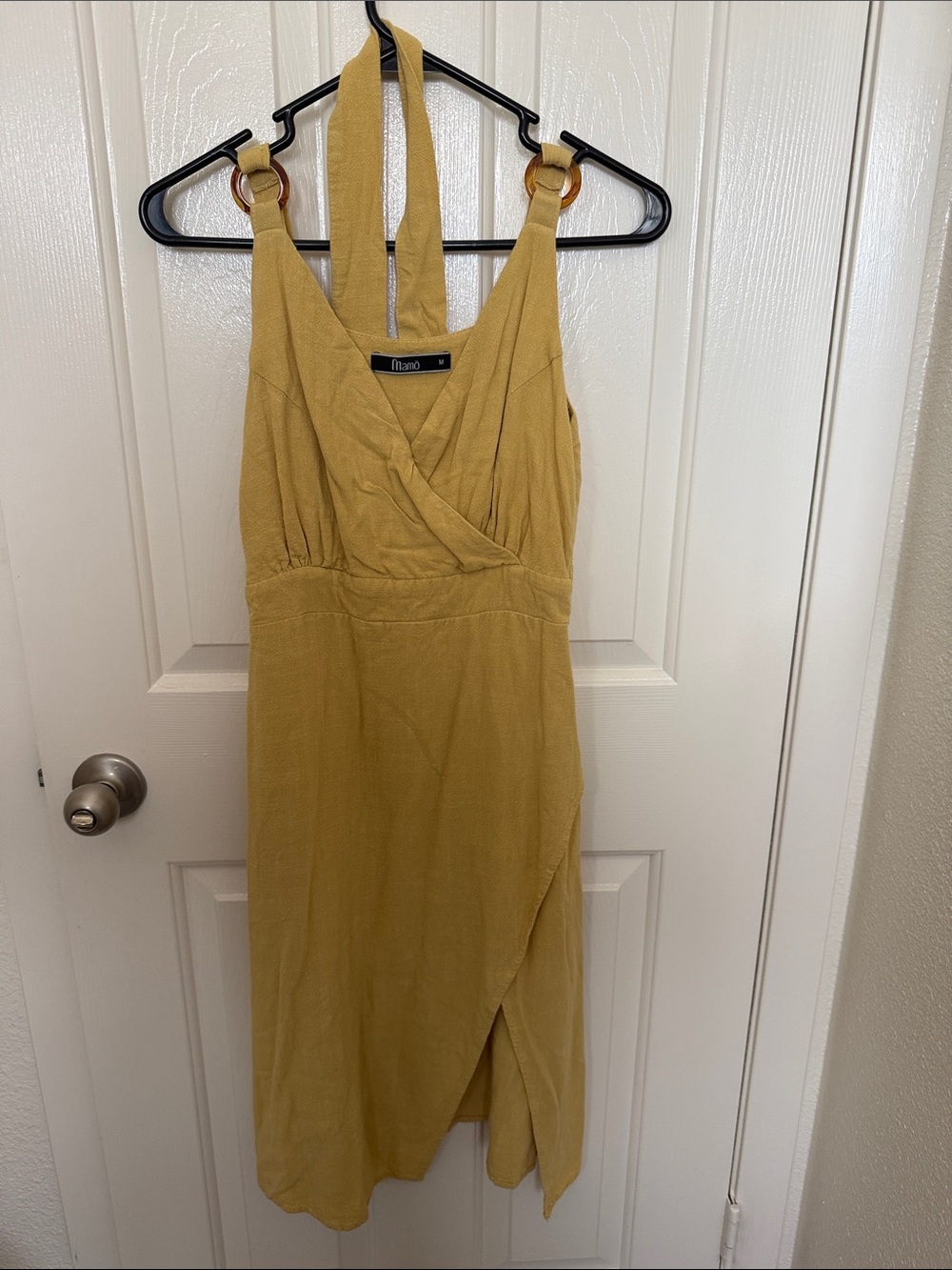 Sleeveless Mustard Wrap Midi Dress with Ring-Strap Detail